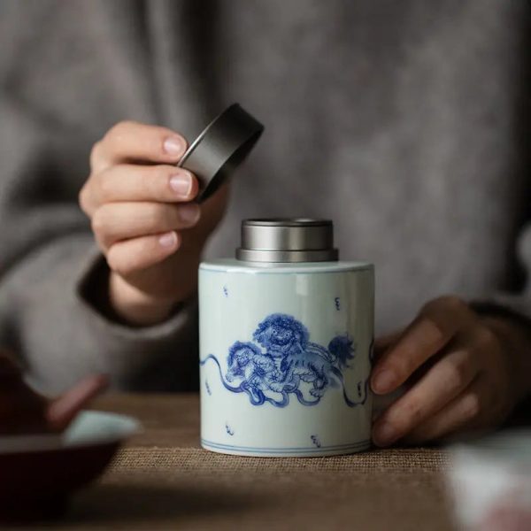 Boîte à thé Chinoise Premium en céramique blanche et bleue