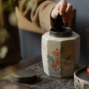 Boite à Thé en Céramique avec Peinture Florale Distinctive
