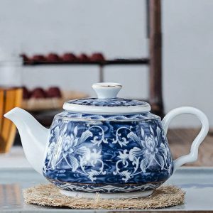 Théière en porcelaine blanche et bleue à fleurs, 200ML