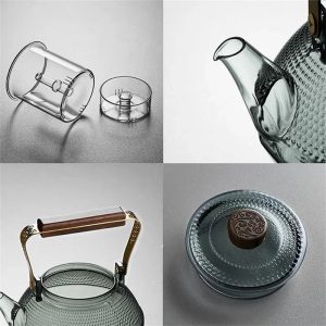 Théière 1L en verre avec manche en bois naturel