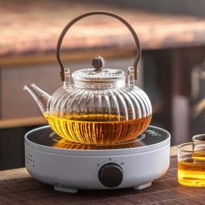 Théière design en verre 900ML, anse en bois élégante