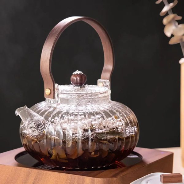 Accessoire de thé, théière en verre 900ML avec anse en bois