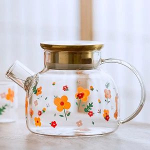 Théière en verre 1.7L au design fleuri sophistiqué