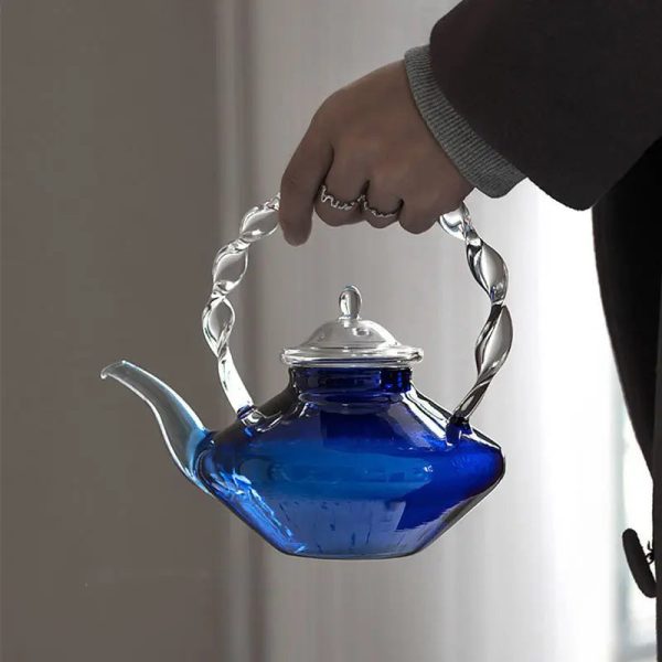 Théière en verre 800ML, style moderne, teinte bleue