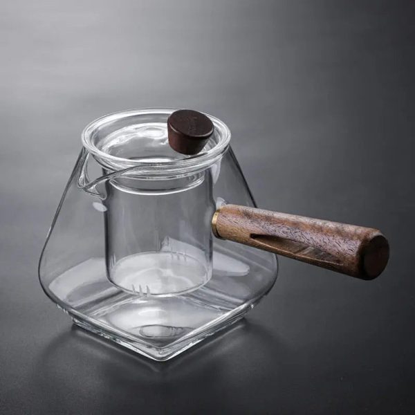 Théière en verre design avec poignée en bois