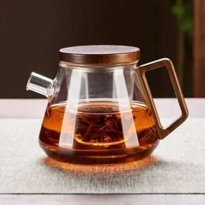 Théière en verre design 700ml avec support en bois