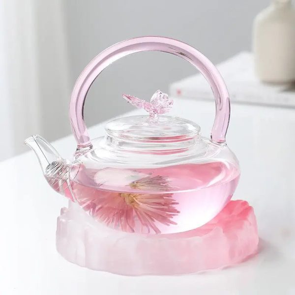 Théière en verre rose avec motif papillon, 700ml