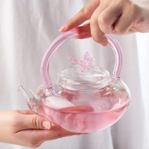 Théière en verre design papillon, 700ml rose