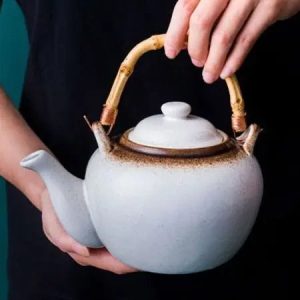 Théière en céramique blanche avec motif bambou, 500ML