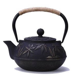 Théière Japonaise en Fonte Noire 900ml Motifs Feuilles