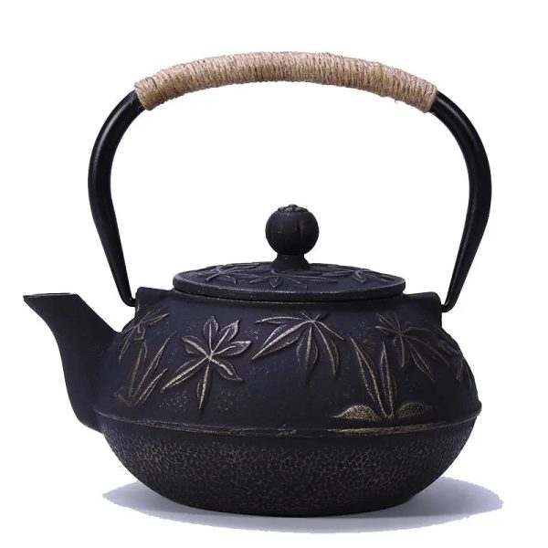 Théière Japonaise en Fonte Noire 900ml Motifs Feuilles