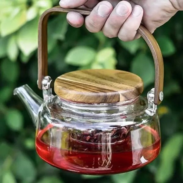 Théière en verre avec support en bois d'acacia