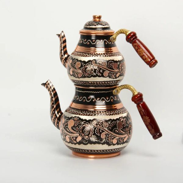 Théière turque double étage en cuivre avec motifs floraux