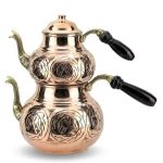 Théière Turque en Cuivre à Double Étage avec Poignée Noire